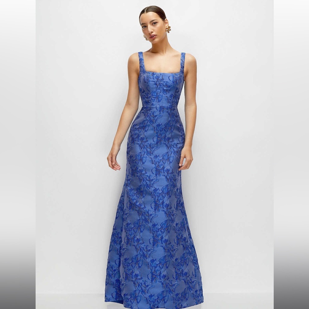 Dessy Collection Metallic Jacquard Trumpet Gown in Cobalt Jacquard